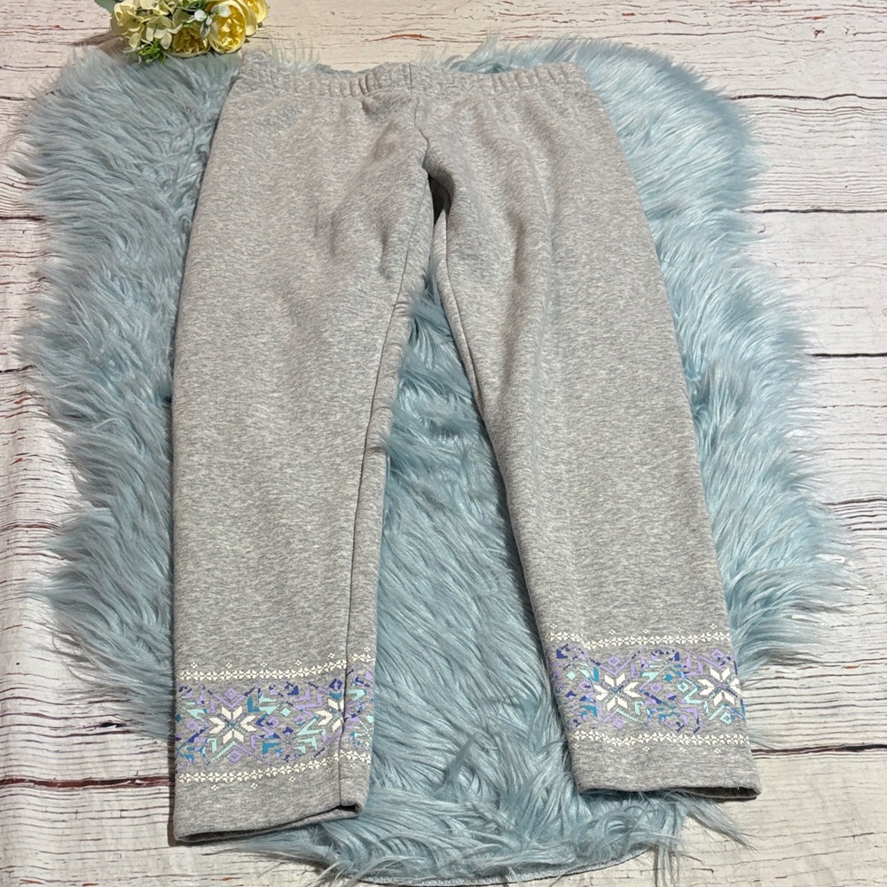Lands' End Gray and White Snowflake Fleece Leggings sz L